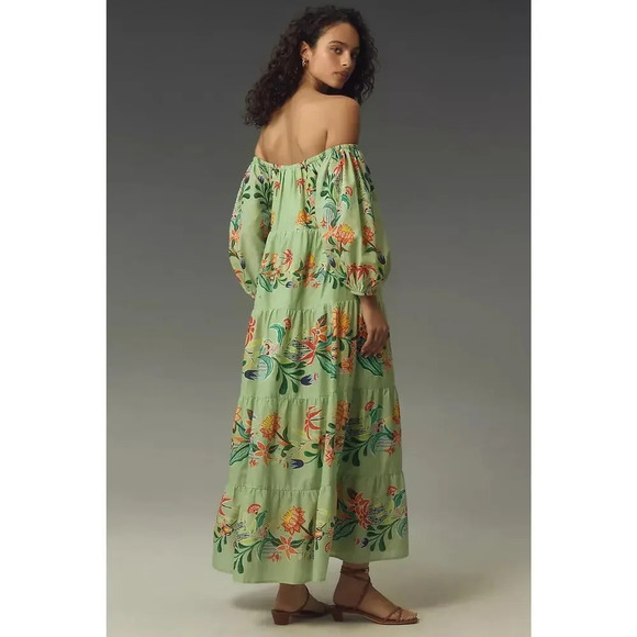 NWT Farm Rio Anthropologie Off-The-Shoulder Tiered Floral Midi Dress XS #9G423 - Picture 3 of 11